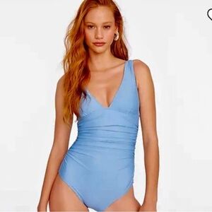 J Crew V Neck Ruched One Piece Baby Pale Blue Swimsuit plus size 22
